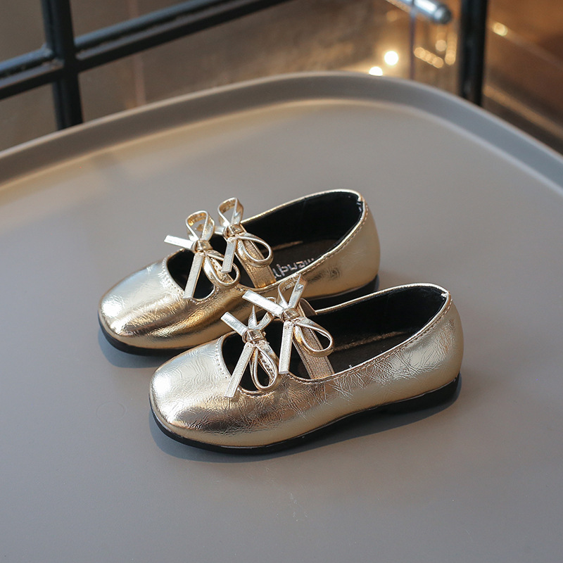 プリンセスシューズ女の子のための新 2024 ファッションダブルちょう結びシックな子供メリージェーンの靴ゴールドスライバースクエアトゥエレガントな子供フラット