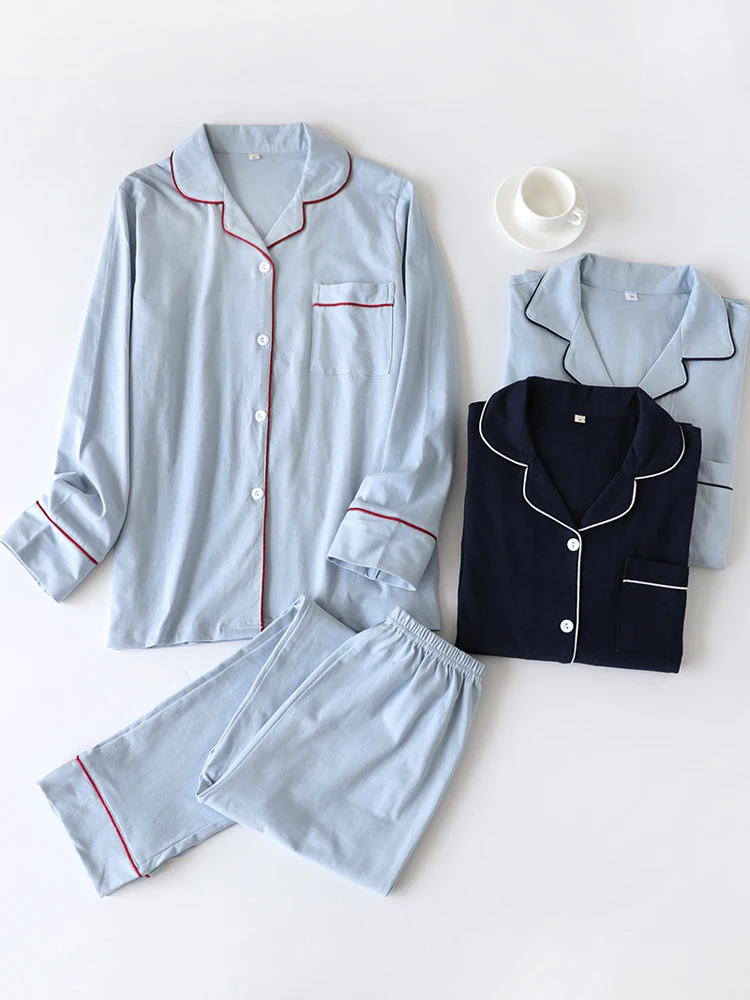 ニット純粋な綿のカップルパジャマ長袖襟付きホーム服セット男性と女性のためのシンプルな和風レジャーホームシーン