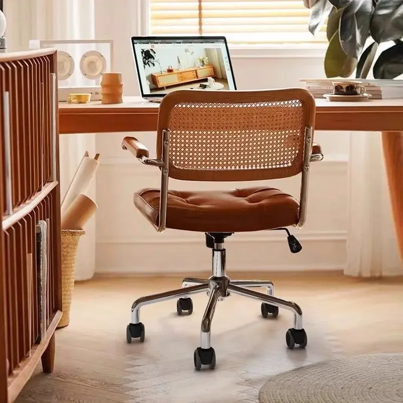 Rattan Weave Computer Chairs Japanese Comfortable Study Desk Seat Rotating Lifting Chair Breathable Armrest Backrest Chair