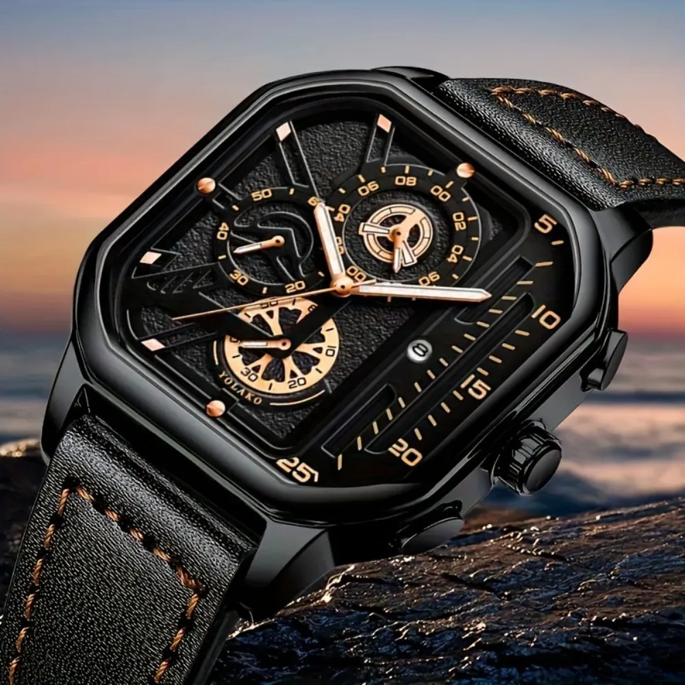 Montre carrée de luxe à grand cadran pour hommes, bracelet en cuir PU décontracté, montres de sport pour hommes