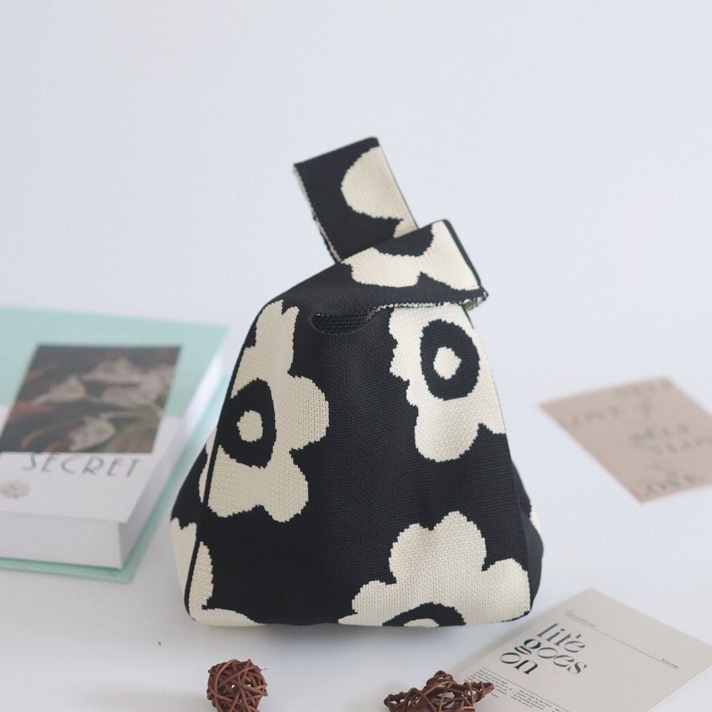 Bolsa de pulso tricotada para mulheres, bolsa casual de ombro, sacolas femininas reutilizáveis, bolsa tecida, flor