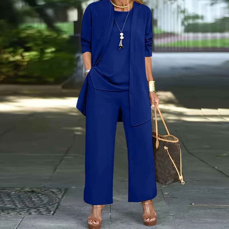 Conjunto informal de tres piezas con chaleco y cuello redondo para mujer, conjunto elegante de pantalones sueltos de Color sólido, moda de otoño e invierno, traje de manga larga