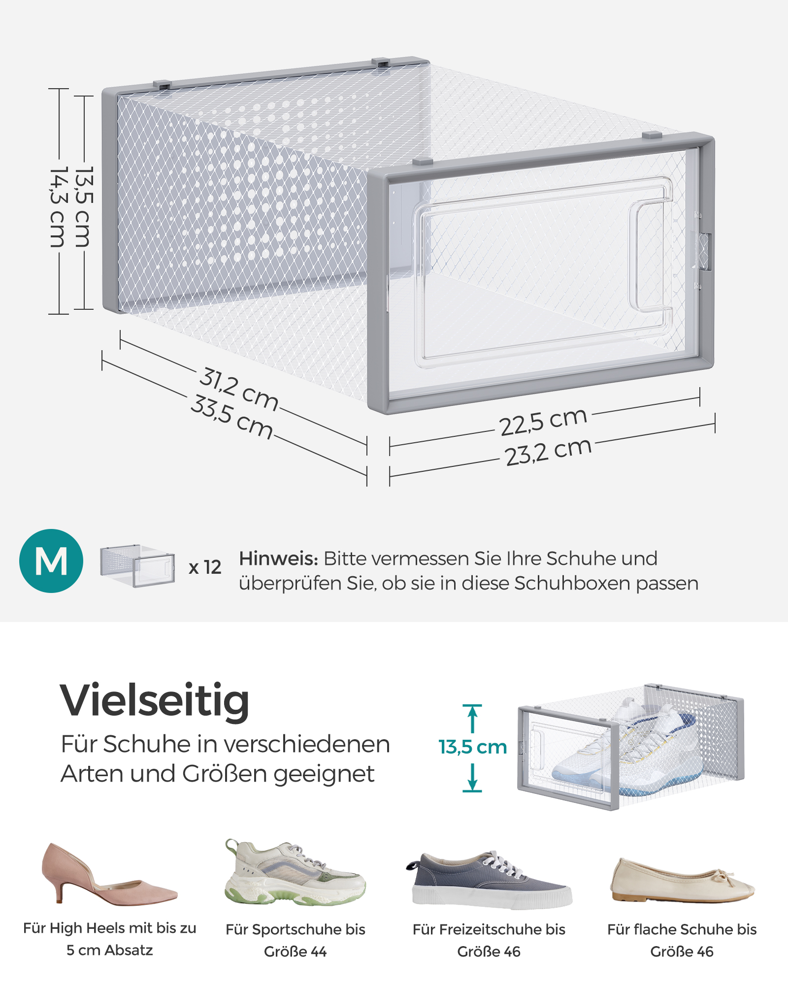 SONGMICS Schuhbox 18er Set, Schuh-Organizer aus Kunststoff, für Schuhe bis Größe 44