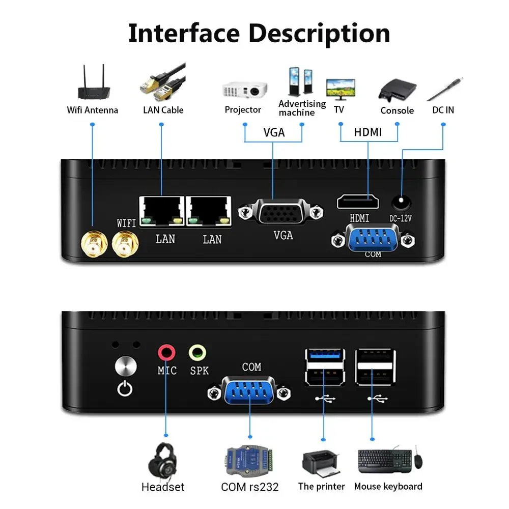 Fanless 2LAN2COM Industrial Mini PC Inter Celeron J6412 DDR4 RS485/RS232 Support Windows10/11 LINUX WiFi Moudle Desktop Computer