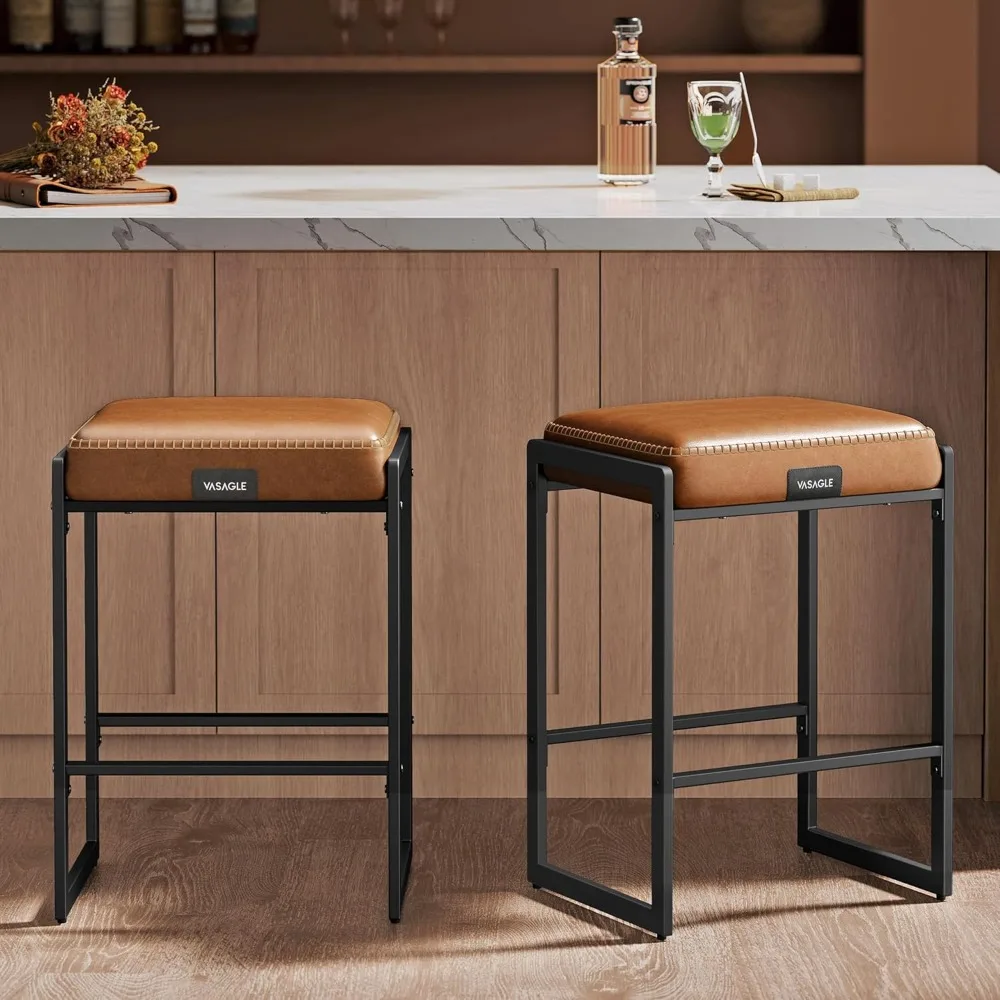 EKHO Collection - Bar Stools Set of 2, Counter Height Bar Stools, Synthetic Leather with Stitching, Mid-Century Modern Counter