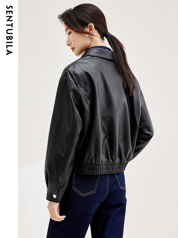 SENTUBILA-Chaqueta corta de piel sintética para mujer, Cazadora Bomber con solapa y cremallera, color negro, para otoño e invierno, W33G50291, 2023