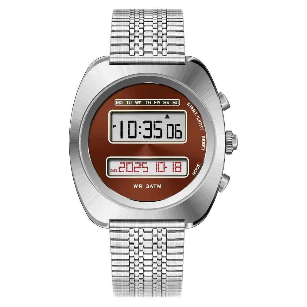 Zegarek w stylu vintage, futurystyczny, ChronoD Retro z lat 70., elektroniczny, z podwójnym wyświetlaczem LCD, koperta ze stali nierdzewnej.