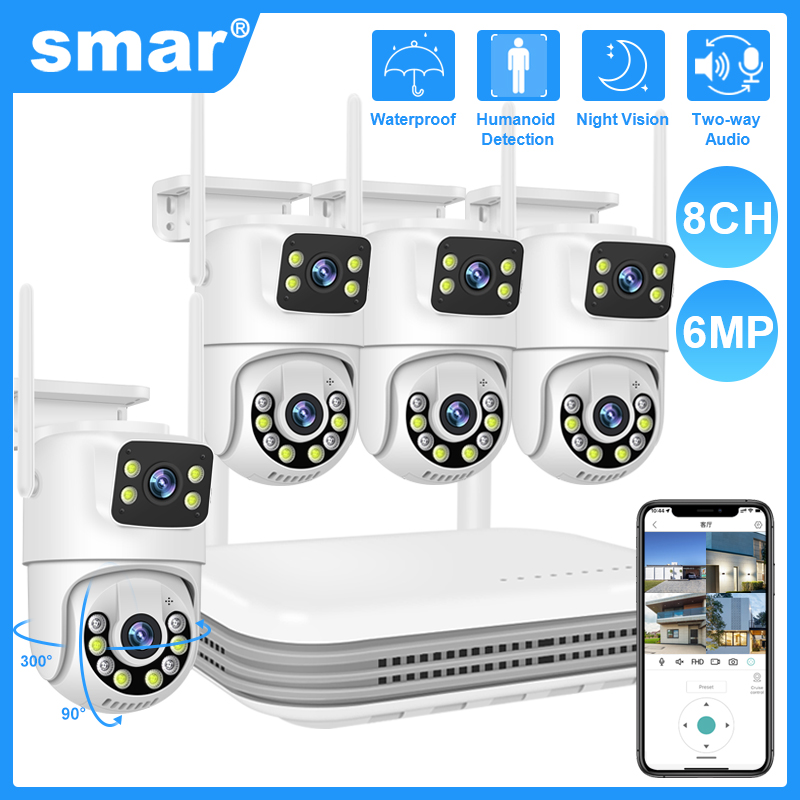 Sistema CCTV inalámbrico Smar, Kit de cámara WiFi, cámaras IP de 6MP con Audio de seguridad de doble lente, conjunto de videovigilancia NVR de 8 canales ICse