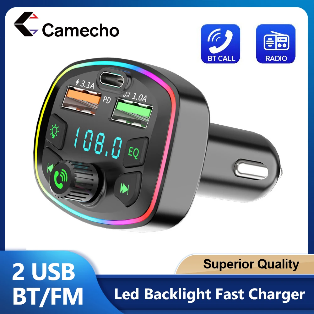 Camecho-Transmissor FM para Carro, Suporte TF, U Disco, MP3 Player, Tipo C, Dual USB, Carregamento Rápido, Carregador de Carro, Kit Automotivo Sem Fio, 3.1A