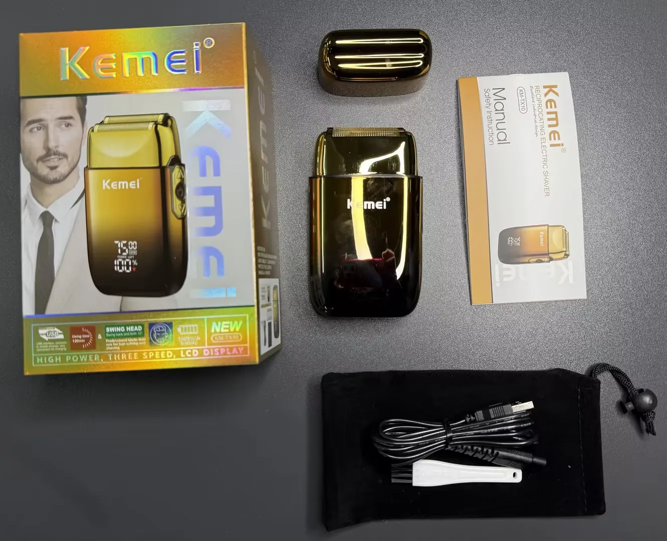 Kemei TX10 เครื่องโกนหนวดไฟฟ้าใหม่พร้อมจอแสดงผล LED ผมชาร์จเครามีดโกนหัวล้านโกนสําหรับชาย