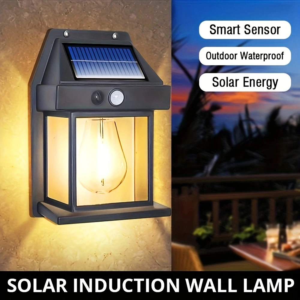 Zewnętrzna solarna lampa ścienna z wolframowym żarówką, czujnikiem ruchu, wodoodporna IP65, LED, oświetlenie bezpieczeństwa na patio, taras, werandę, do stodoły, garażu.