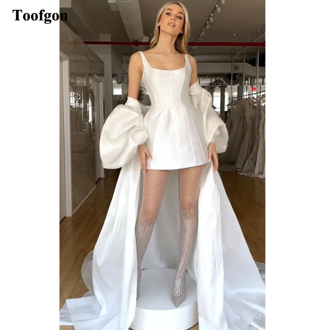Toofgon 2 pezzi mini abito da sposa in raso per matrimonio maniche lunghe avvolgente abiti da sposa formali scoop abiti da sposamariée personalizzato