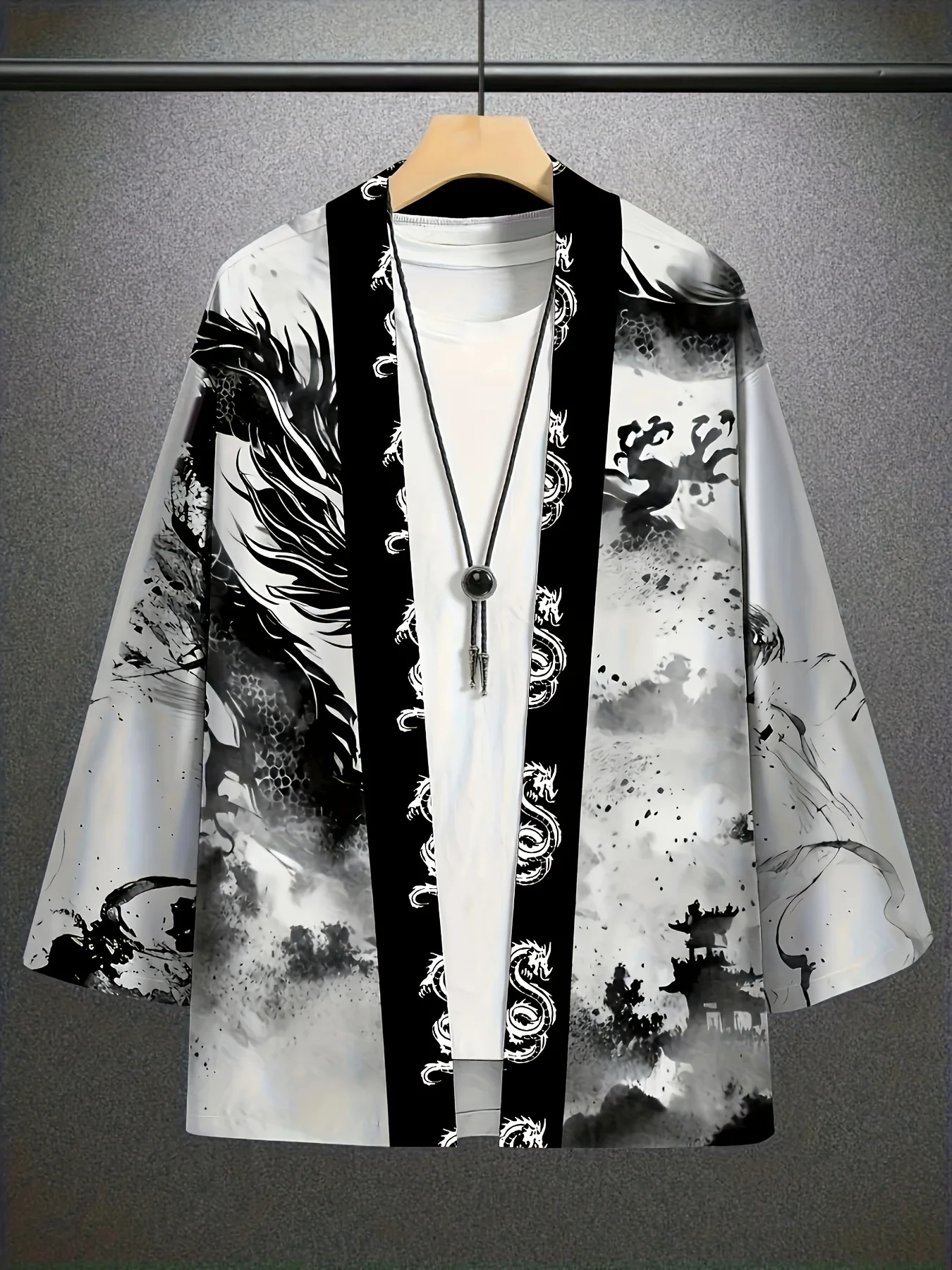 Unisex Kimono Czarno-Biały Nadruk Smoka Top Modny Codzienny Kardigan Yukata Strój Japońska Odzież Uliczna Tradycyjna Odzież