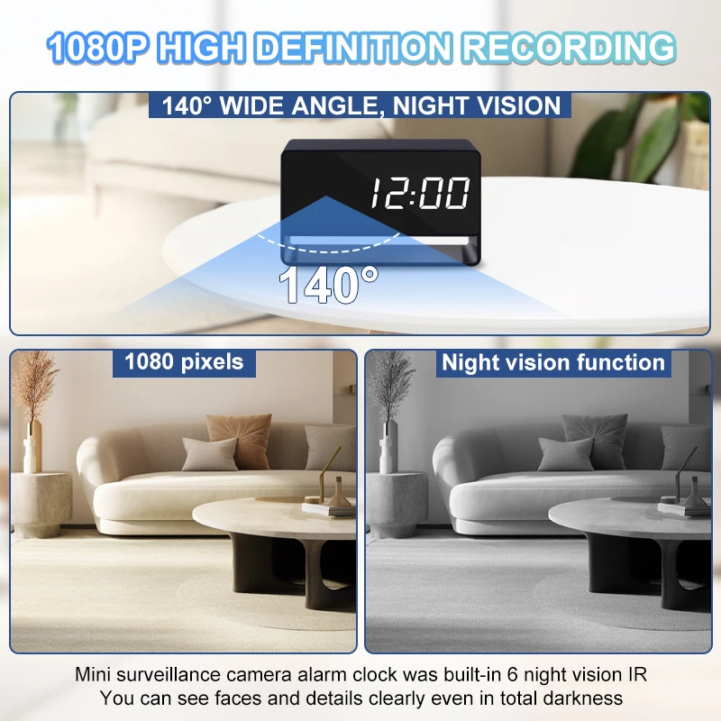 Cámaras con reloj Digital Full HD, aplicación de visión nocturna, monitoreo remoto Wifi, detección de movimiento, grabación en bucle automático, Mini videocámara para el hogar