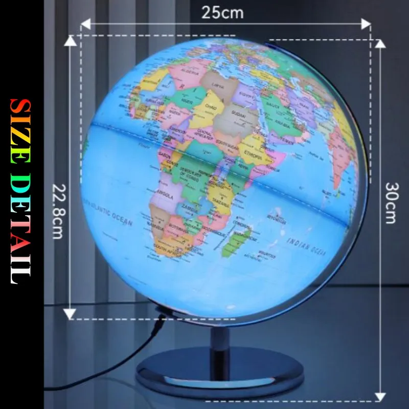 Sphere Diameter 25cm Pure English World Globe HD Printed 360° Student Teaching LED Light Desk Lamp Globe Metal ABS Office Crafts