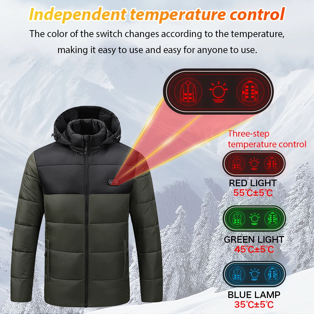 15 Bereiche beheizte Jacke für Herren, USB, elektrische Heizung, Kleidung, Dual-Control, drei Gänge, Einstellung, Winter, warme Kapuze, wasserdichte Jacken