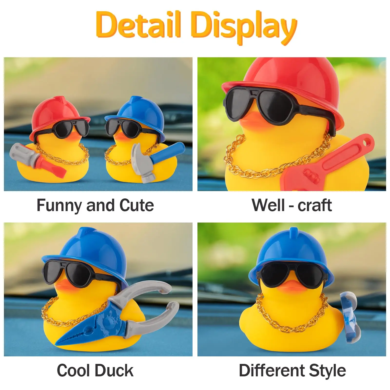 Car Dashboard Decorations Rubber Ducks, Construction Builder Rubber Ducky for Car Ornament Cute Duck with Tool, Hard Hat, Glasse