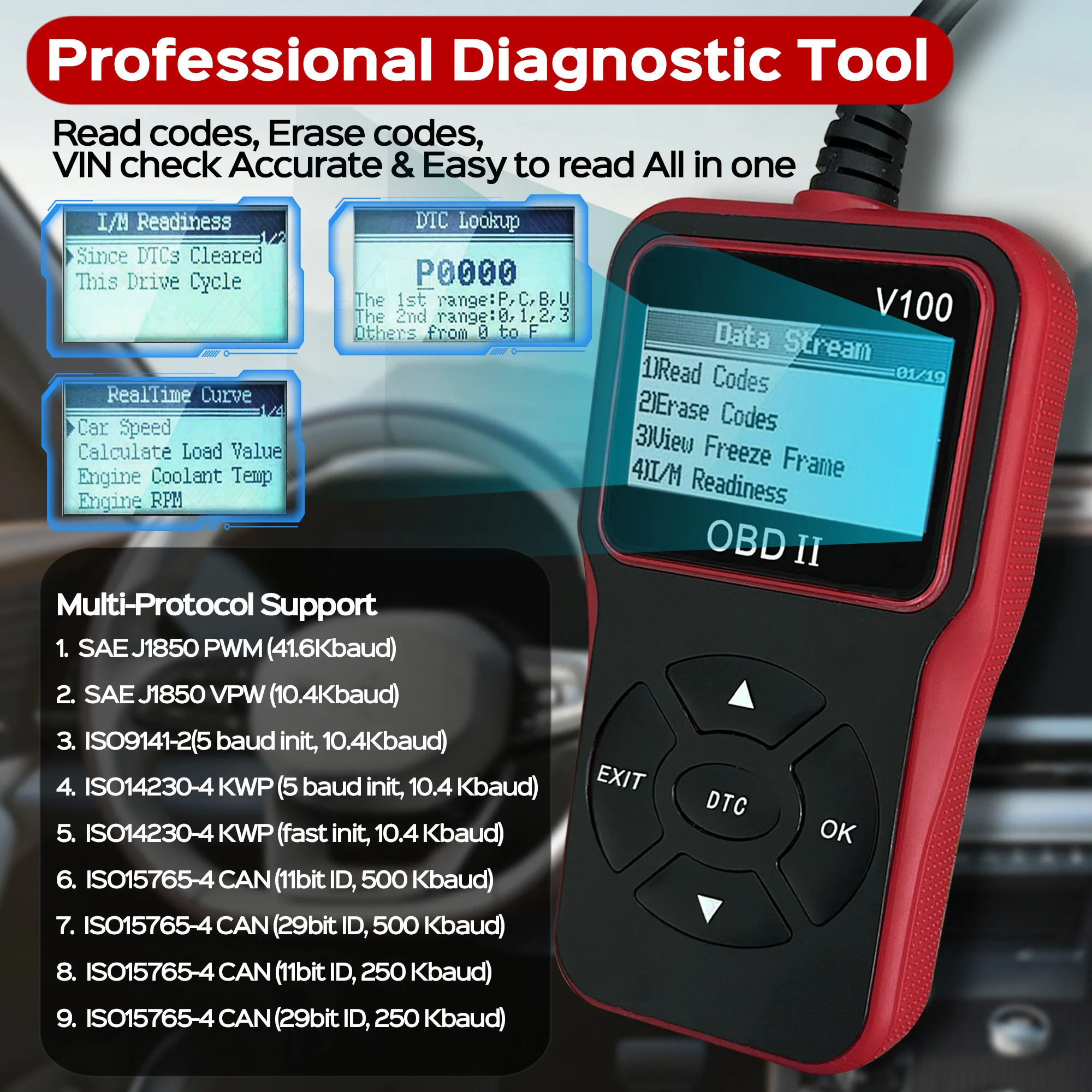 Lector de código de coche, escáner OBD2, escáner de fallos de luz del motor, herramienta de escaneo de diagnóstico de prueba de batería