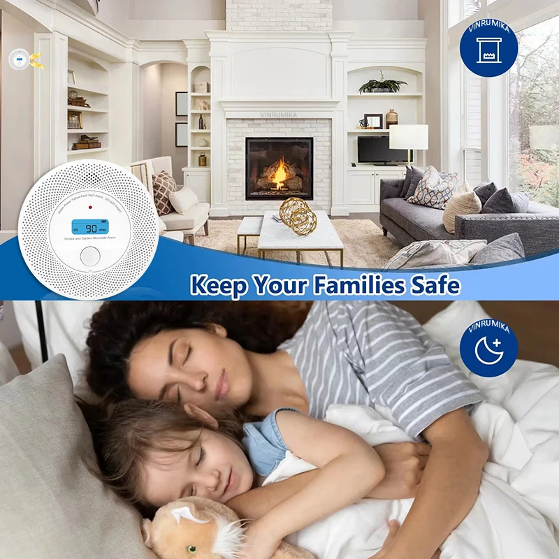 เครื่องตรวจจับควันและก๊าซคาร์บอนมอนอกไซด์ WiFi Tuya 2 in 1 รุ่นจอ LCD สำหรับบ้าน ห้องนั่งเล่น ร้านค้า พร้อมระบบเตือนไฟไหม้