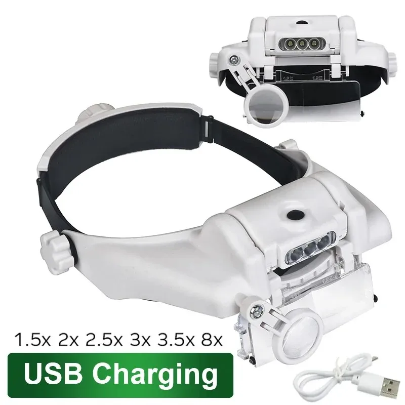 USB wiederaufladbare Brillenlupe Uhrmacher-Reparaturwerkzeug Brillenlupe LED-Stirnbandlupe 1,5x 2x 2,5x 3x 3,5x 8x