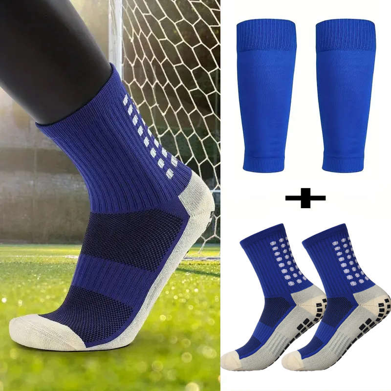 2 Pairs Set Men Grip Soccer Socks and Knee Pads Calf Sleeves Adult Youth Non Slip Leg Shin Guards for Basketball Football Sports