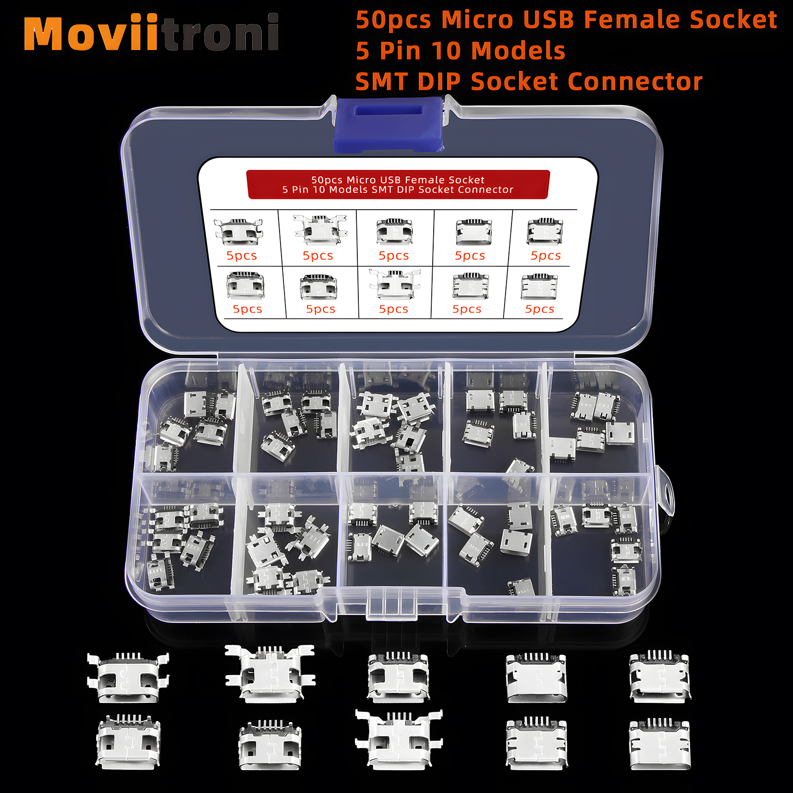 50/60 Stück 5-poliger SMT-Buchsenstecker, Micro-USB, Typ B, weibliche Platzierung, 12 Modelle, SMD-DIP-Buchse für PCB, DIY-Aufladung