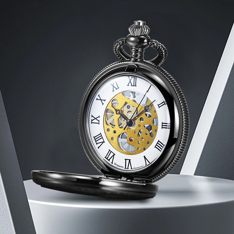 Relógio de bolso de quartzo com dedos redondos, grande moda, esqueleto dourado exclusivo, design flip de girassol com corrente espessada, adequado para al