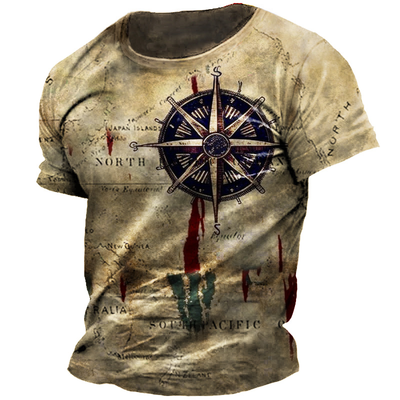 Camiseta Vintage para hombre, camisetas americanas de verano, camisetas de manga corta con estampado de brújula, ropa holgada de uso diario para hombre, ropa de calle informal