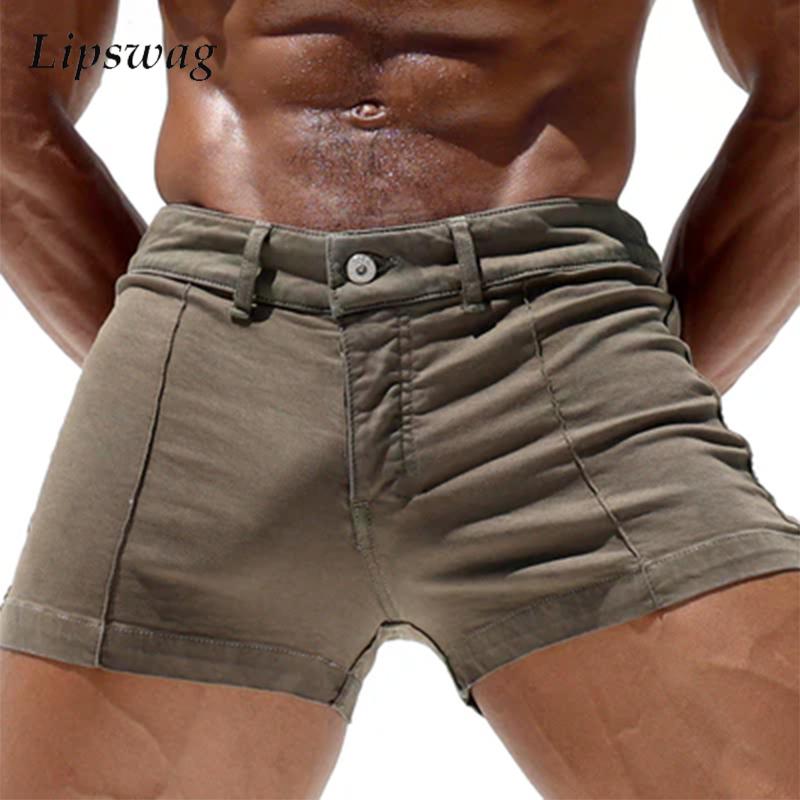 Vintage Einfarbig Dünne Shorts Männer Sexy Slim Fit Zipper Zugeknöpft Taille Strand Shorts Für Herren Sommer Strand Mode Kurze Hose