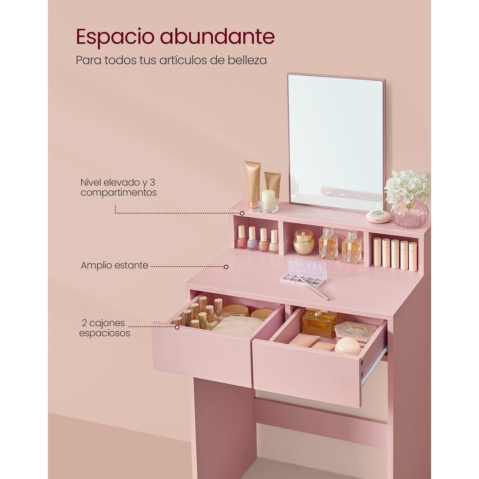 VASAGLE Modern Vanity Table with Large Mirror, 2 Drawers, 3 Compartments, Makeup Desk, Jelly Pink