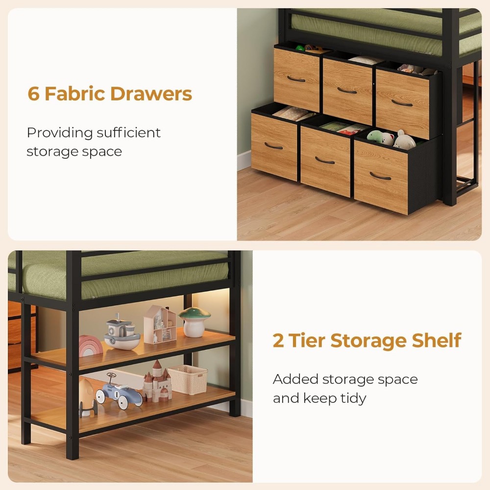 ADORNEVE Low Loft Bed with 6 Storage Drawers, Twin Loft Bed with LED Lights, Metal Loft Bed Twin Size with Open Storage Shelves,