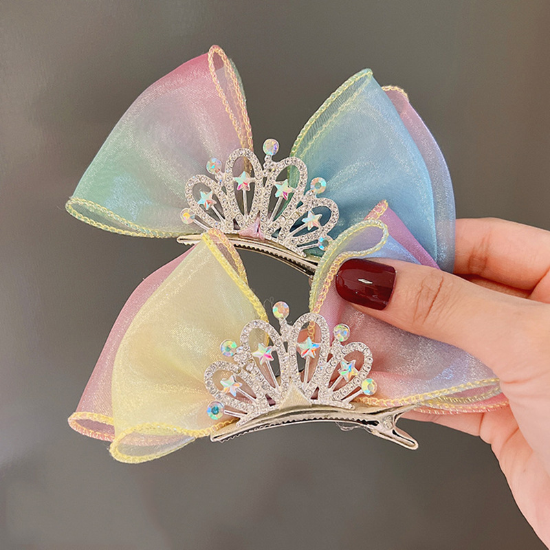 Pastel Rainbow Hair Bows Gradient สีเจ้าหญิงมงกุฎผมคลิปยืน Bowknot Hairpin เด็ก Barrette อุปกรณ์เสริมผมเกาหลี