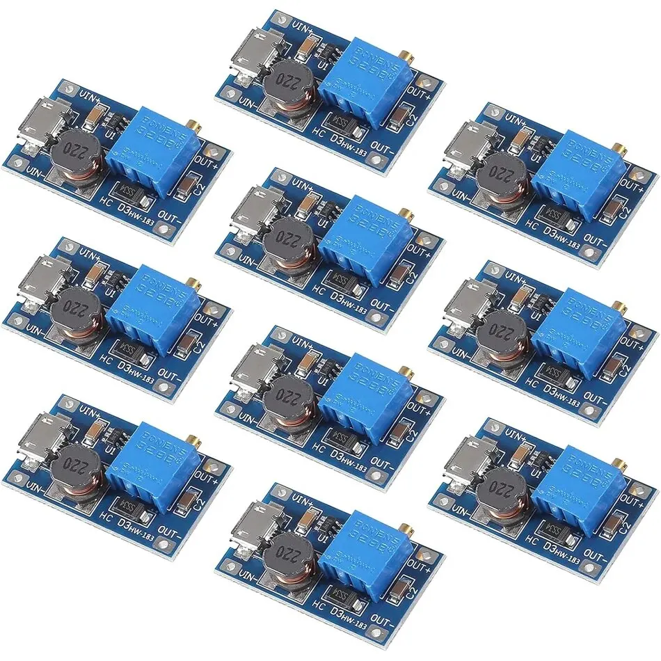 10 pces mt3608 ajustável step up módulo regulador de tensão micro usb tipo-c plug 2v-24v para 5v-28v 2a step-up DC-DC conversor de impulso