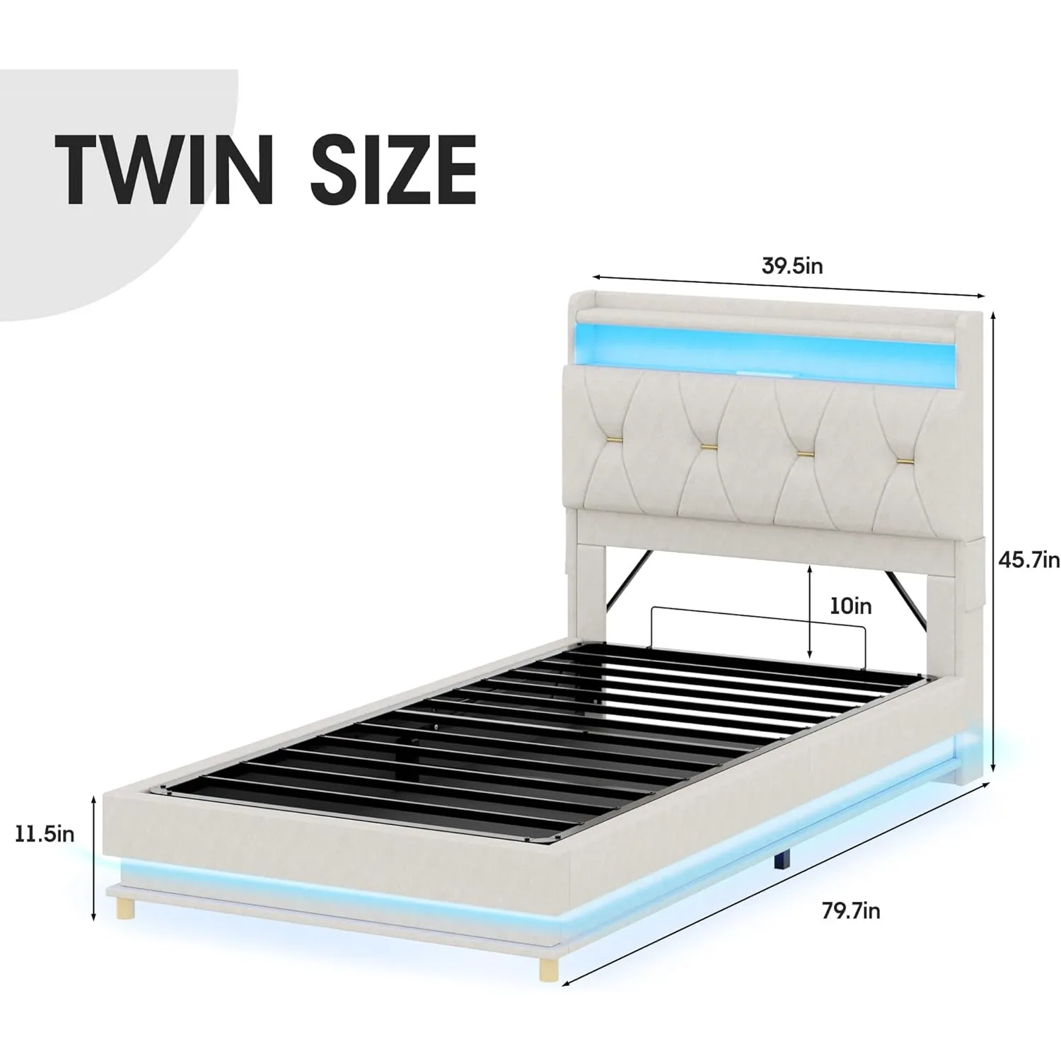Twin Size Lift Up Bed Frame, Storage Headboard with Charging Station, LED Lights Upholstered Platform Bed, No Box Spring Needed