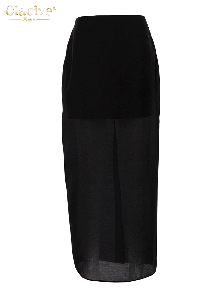 Clacive Mode Losse Zwarte Vrouwen Rok Casual Hoge Taille Enkellange Rokken Elegante Klassieke Mesh Gesplitste Rok Vrouwelijke Kleding
