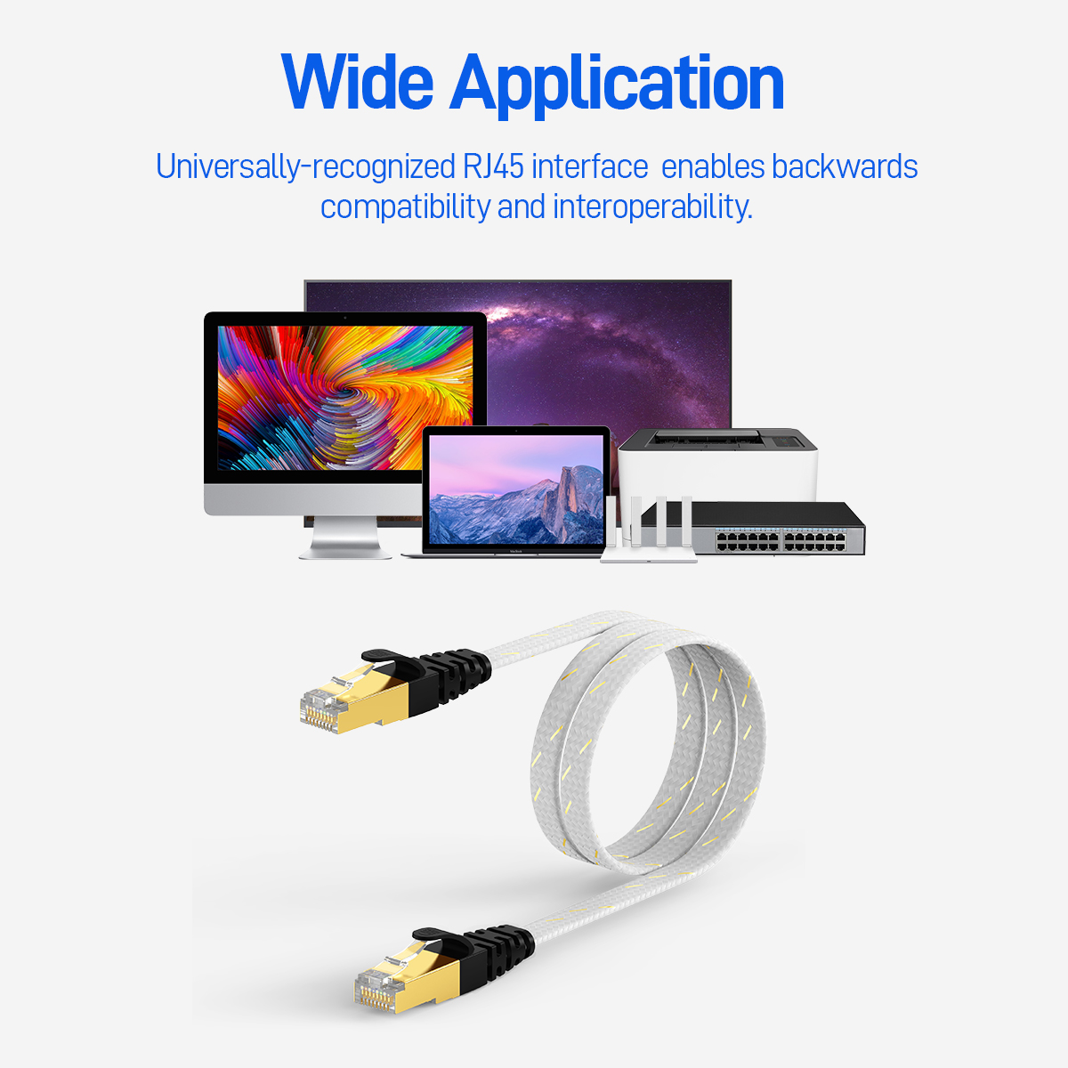 AMPCOM CAT7 Ethernet สายแบนสาย Lan SFTP รอบ RJ45 สายเคเบิลเครือข่าย Cat 7 อินเทอร์เน็ตสําหรับโมเด็ม Router PC PS4 สายแพทช์
