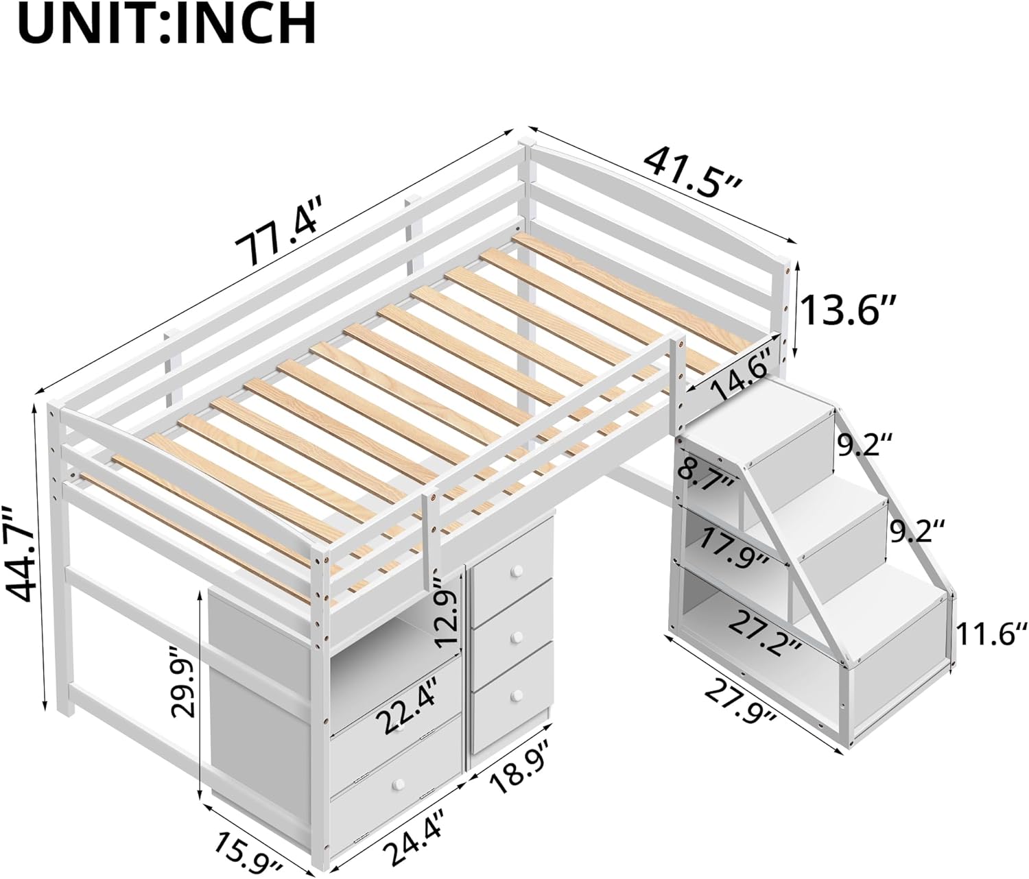 Bed with Pullable Storage Staircase and 2 Cabinet, Wooden Stairway Loft Bed with Drawers and Shelves, Twin Size Bed Frame for Gi