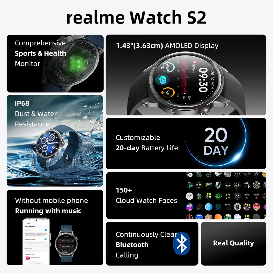 Global Version realme watch S2 SmartWatch 1.43'' AMOLED Display Blood Oxygen Sensor 20 Days Battery Life IP68 Waterproof Watch