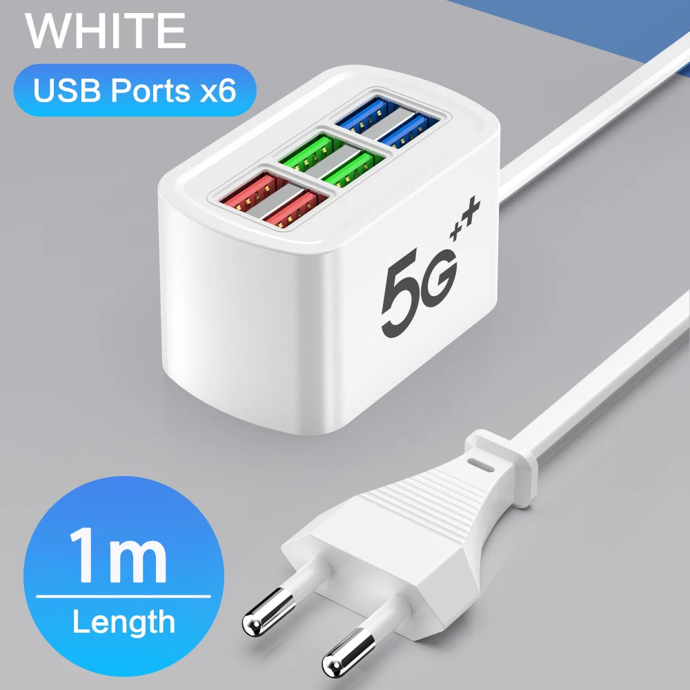 Caricatore USB veloce 6 in 1 Ciabatta Stazione di ricarica da tavolo Ricarica rapida Cavo da 1 m Presa adattatore HUB USB per iPhone 16 Home