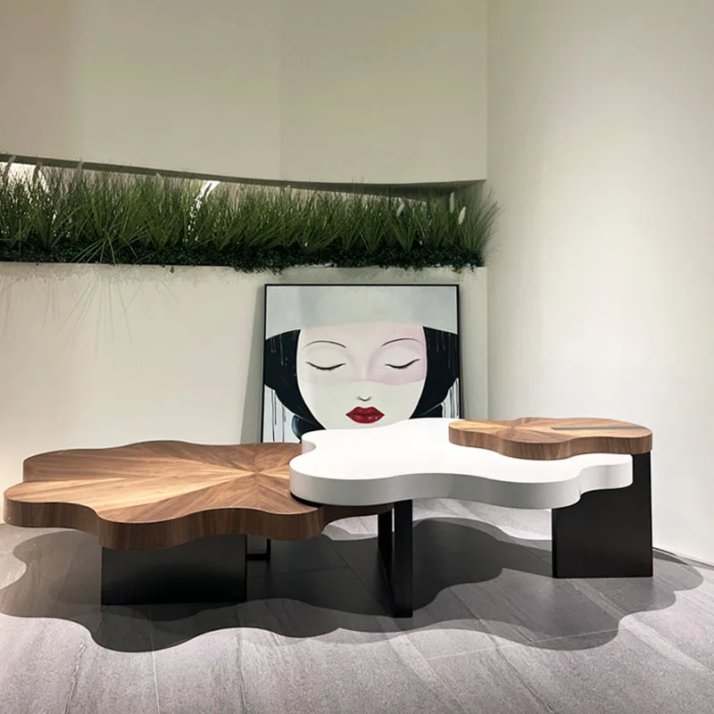 Mesa de centro contemporânea em forma de pétala, móveis para casa, base de metal com flor moderna, mesa de centro folheada de madeira, nova