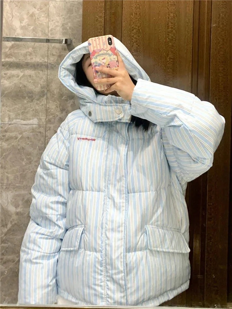 2025 Winter Neue Mit Kapuze Jacke Koreanische Lose Warme Dicke Baumwolle Mantel Frauen Druck Mantel Stepp Mantel Frauen Lange Parkas Outwear