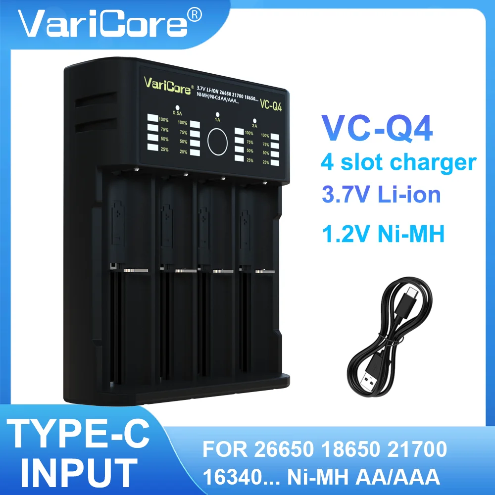 VariCore VCQ4 4-slot Intelligent Battery Charger Portable for 3.7V Lithium 18650 26650 21700 18500 18350 1.2V NI-MH Ni-Cd AA AAA