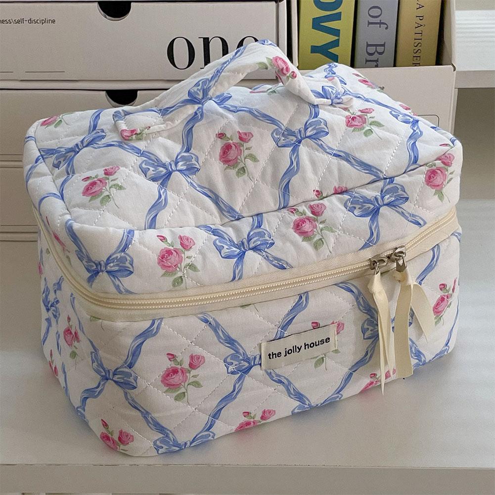 Bonito arco flor acolchoado algodão saco de maquiagem feminino zíper organizador cosmético feminino pano bolsa portátil caso de higiene pessoal para meninas