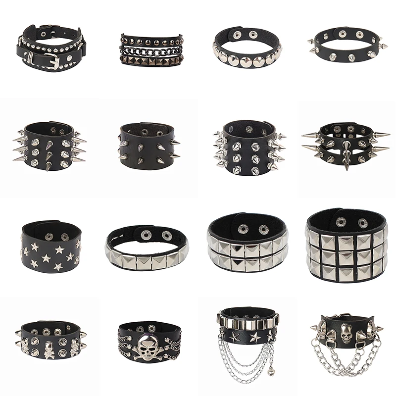 2022 couro do plutônio cravejado pulseira punk ajustável goth manguito pulseira gótico rebite fivela pulseira para homens