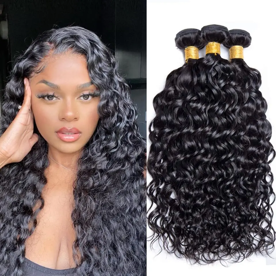Pacotes de cabelo humano natural preto onda de água brasileiro tecer cabelo humano pacotes cabelo virgem 10-30 polegadas com fecho