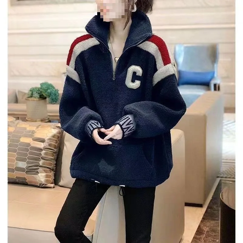 Ropa Deportiva de imitación de cordero para mujer, sudaderas de felpa, suéter superior cálido, Jersey Retro, abrigo suelto, moda de otoño e invierno