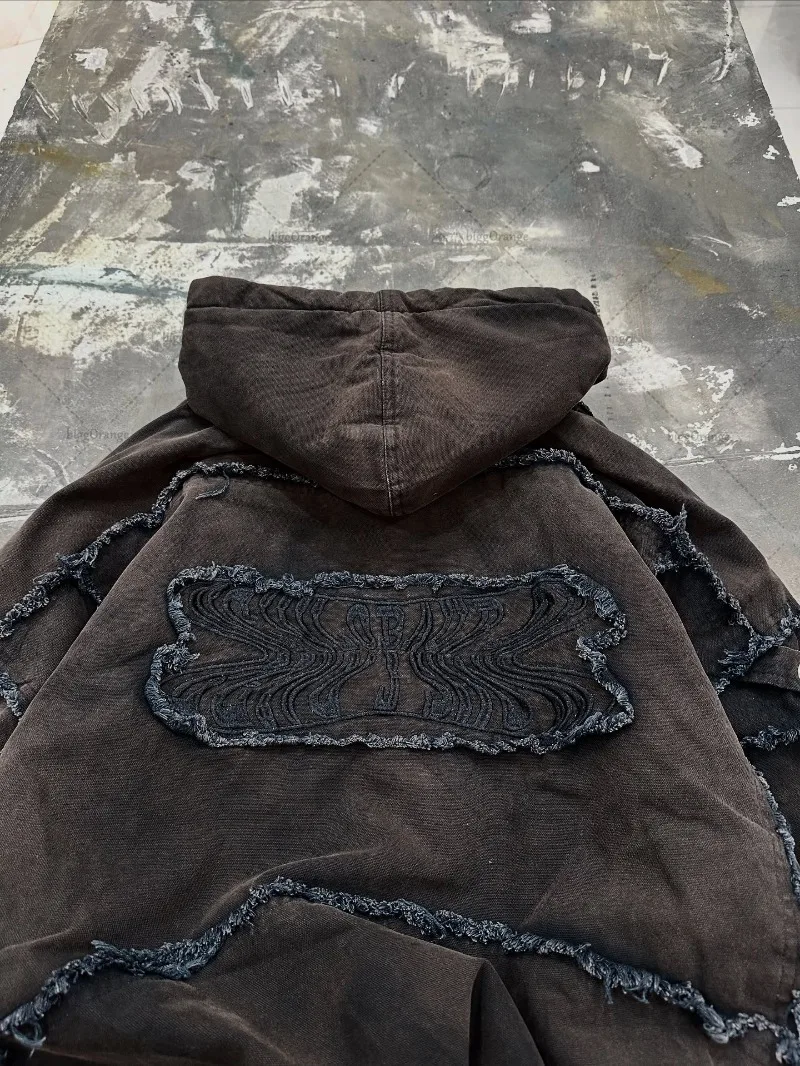 Ropa de calle Punk para hombre, sudadera con cremallera adhesiva de estilo destructivo, bigotes bordados a la moda, Sudadera con capucha con múltiples bolsillos