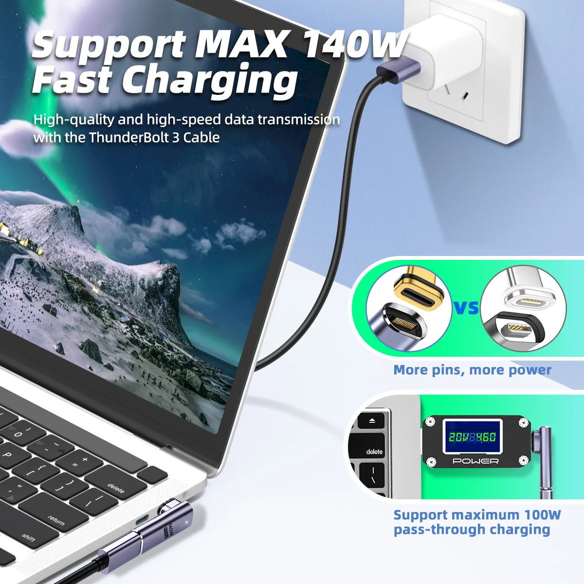 USB4.0 Thunderbolt3 adaptador magnético USB C a tipo C 140W 40Gbps Cable convertidor de carga magnético de carga rápida 8K @ 60Hz USB-C Adapt