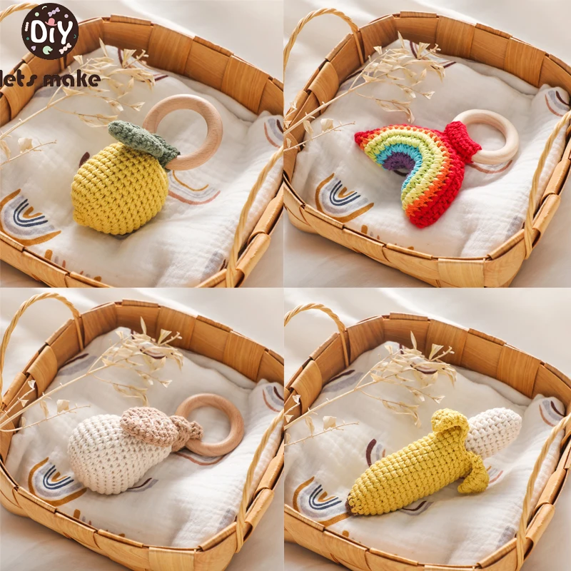 1PC Baby Rattle Toys Crochet Lemon/Pear Soother Bracelet Wooden Teether Ring Baby Mobile Pram Crib Wooden Toys Newborn Gifts