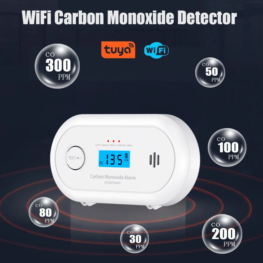 Detector de CO inteligente Wi-Fi V-COME con control de aplicación Tuya, alarma de monóxido de carbono WiFi con batería de litio de larga duración, EN50291/CE